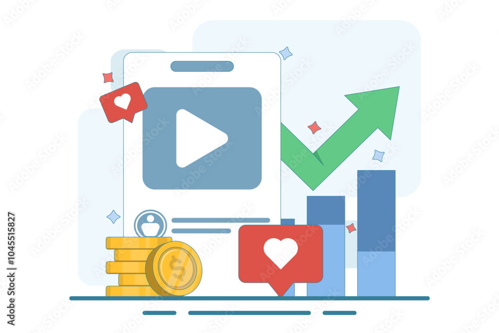 Social Media ROI Concept. Dynamic display of user engagement and profit analysis. Stack of coins, growth chart, likes interaction. Flat vector illustration on background. Social Media ROI Concept. Dynamic display of user engagement and profit analysis. Stack of coins, growth chart, likes interaction. Flat vector illustration on background.