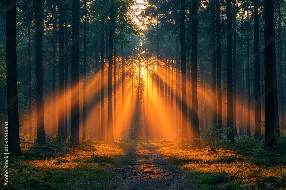 Fototapeta premium Sunbeams Illuminating a Path Through a Dense Forest