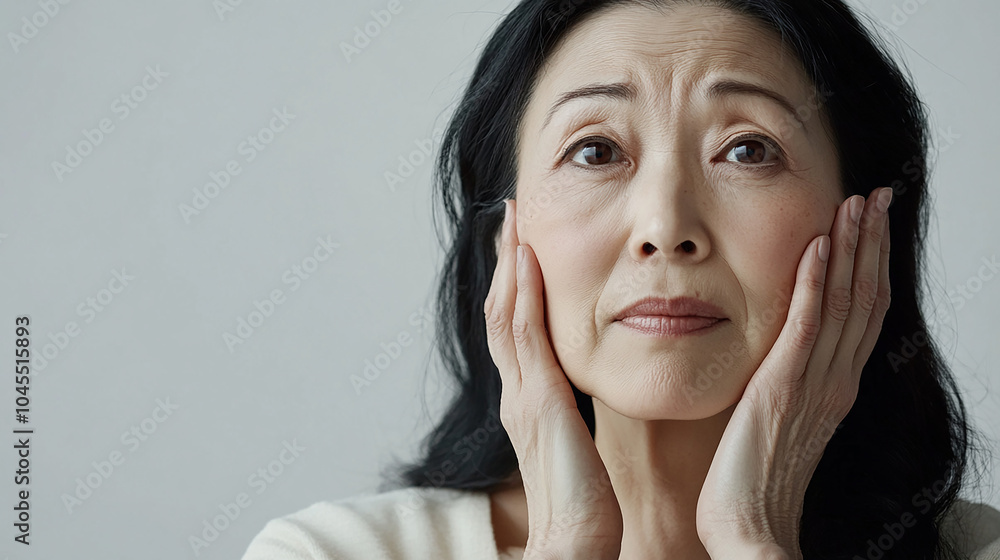 Concerned Japanese Woman Checking Her Smile Lines Concerned Japanese Woman Checking Her Smile Lines
