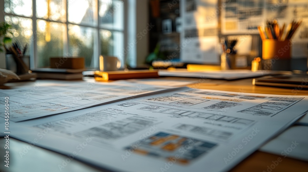 Documents and plans spread across a desk in a warm-lit workspace. Documents and plans spread across a desk in a warm-lit workspace.