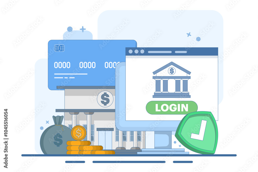 Obraz premium Online banking and mobile payments concept, login to bank account, digital wallet, internet money, savings and finance, mobile banking. Flat vector illustration on background.