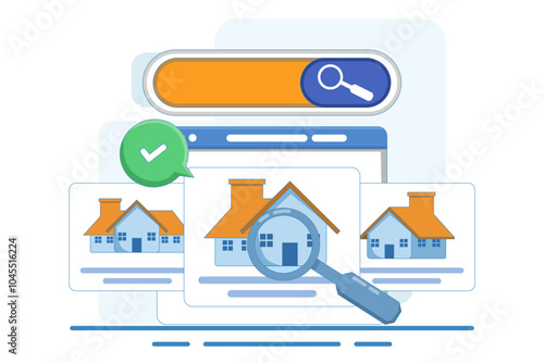 Real estate search concept, real estate, houses to buy, properties for sale. Real estate listings, houses for sale. Browse search for apartments for rent, residential properties. vector illustration.