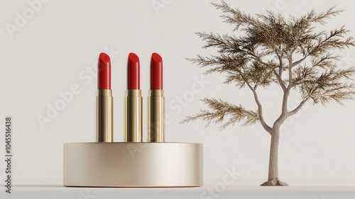 A minimalist display featuring three vibrant red lipsticks next to a decorative tree, emphasizing beauty and nature. photo