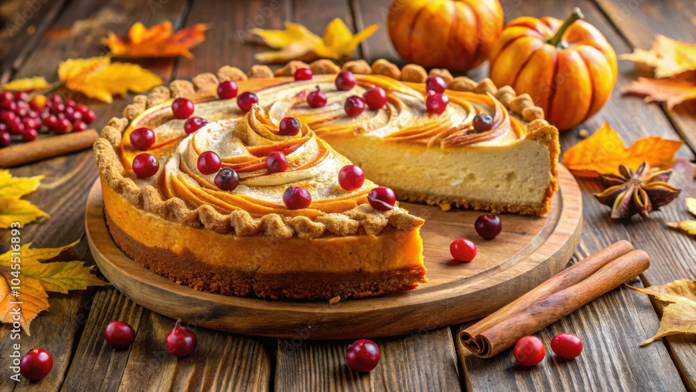 Pumpkin cheesecake with cranberries and cinnamon sticks on a wooden table, decorated with autumn leaves Pumpkin cheesecake with cranberries and cinnamon sticks on a wooden table, decorated with autumn leaves