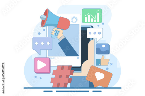 social media marketing concept, social media feed with megaphone, Flat illustration Digital marketing, Ecommerce, Social media campaign, SEO optimization, content marketing. flat vector illustration.