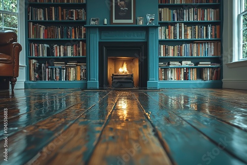 Wallpaper Mural Wooden Floor Reflecting a Fireplace and Bookshelves Torontodigital.ca