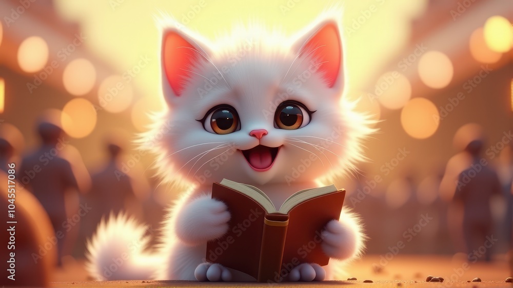 A cute white kitten joyfully holds an open book amidst a warm, glowing background with bokeh lights. A cute white kitten joyfully holds an open book amidst a warm, glowing background with bokeh lights.