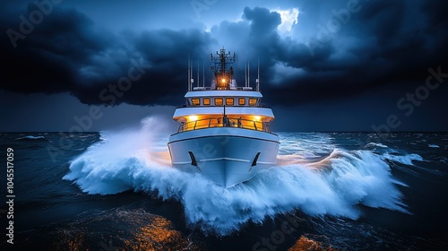 A large white yacht navigates through choppy waters, its bow slicing through a wave, while the dark storm clouds gather in the background.