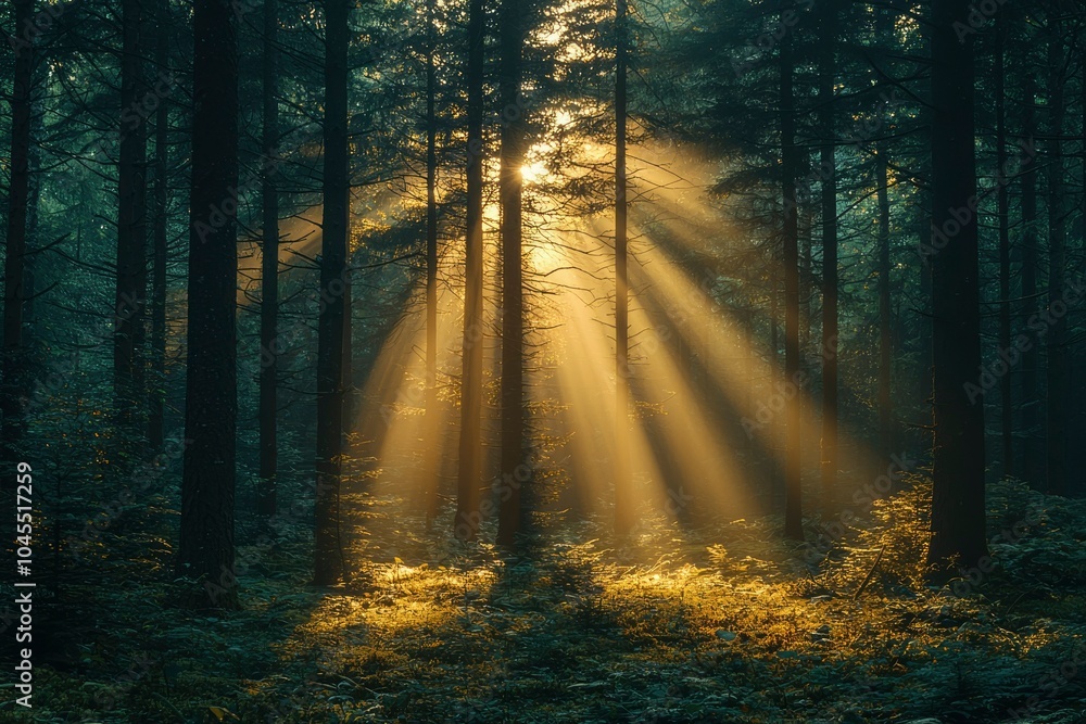 Fototapeta premium Sunbeams Piercing Through a Dense Evergreen Forest