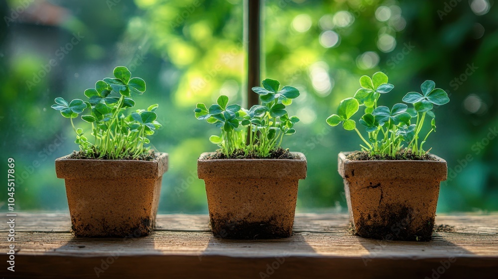 Vibrant green seedlings in rustic pots basking in warm sunlight by a window on a serene morning Vibrant green seedlings in rustic pots basking in warm sunlight by a window on a serene morning