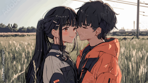 Young couple is sharing a tender moment in a field, their love for each other evident in their eyes