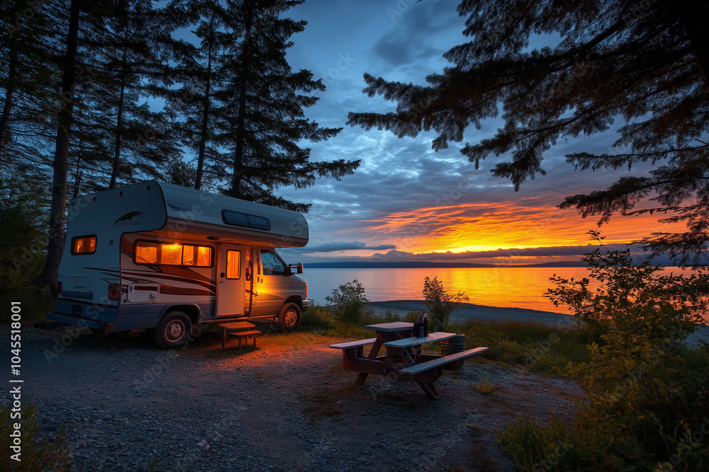 RV van Camping Spot During Sunset. RV van Camping Spot During Sunset.