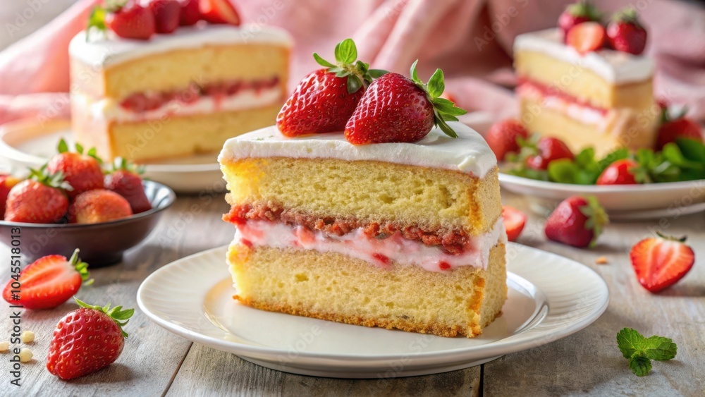 A delicate slice of strawberry cake, adorned with fresh berries and a touch of mint, rests on a pristine white plate, ready to tantalize taste buds with its sweet and creamy goodness. A delicate slice of strawberry cake, adorned with fresh berries and a touch of mint, rests on a pristine white plate, ready to tantalize taste buds with its sweet and creamy goodness.
