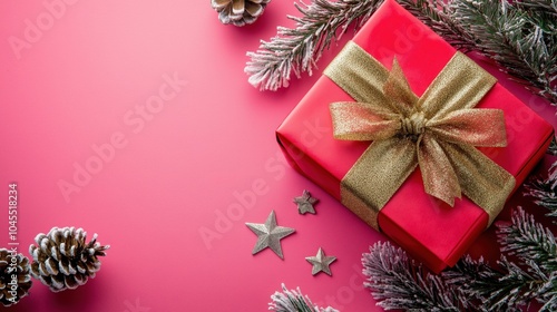 A beautifully wrapped Christmas gift box surrounded by festive decorations on a vibrant pink background