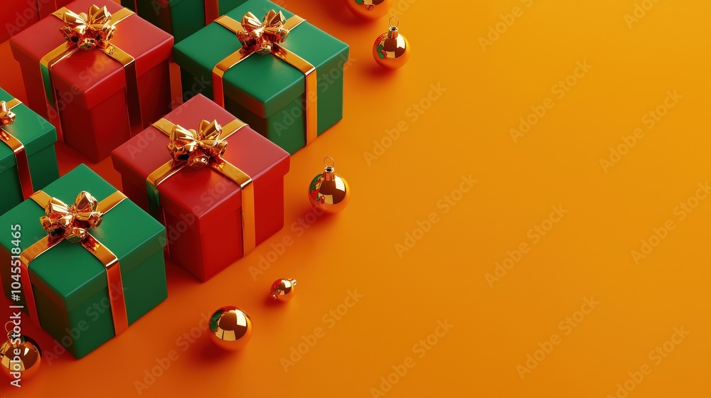 Brightly wrapped Christmas gift boxes in red and green with gold accents arranged on a vibrant orange background, creating a festive atmosphere Brightly wrapped Christmas gift boxes in red and green with gold accents arranged on a vibrant orange background, creating a festive atmosphere