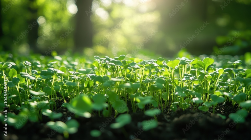 Lush green sprouts emerging from rich soil in a sunlit forest during the early morning hours Lush green sprouts emerging from rich soil in a sunlit forest during the early morning hours