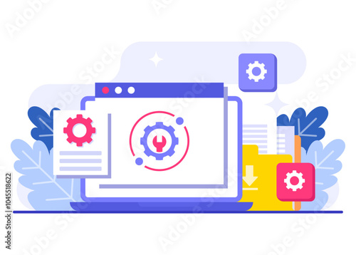 System maintenance flat vector illustration, Error, Fixing trouble, Device updating, Software system under maintenance, Software upgrade process on devices, People update operation system