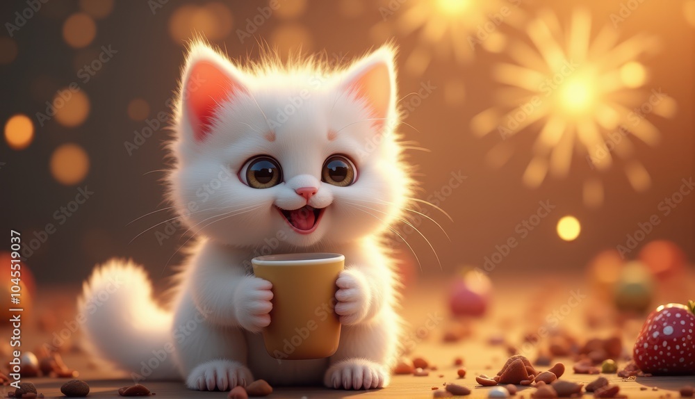 Adorable white kitten holding a mug, surrounded by colorful bokeh lights and festive cookies, capturing a warm and joyful scene. Adorable white kitten holding a mug, surrounded by colorful bokeh lights and festive cookies, capturing a warm and joyful scene.