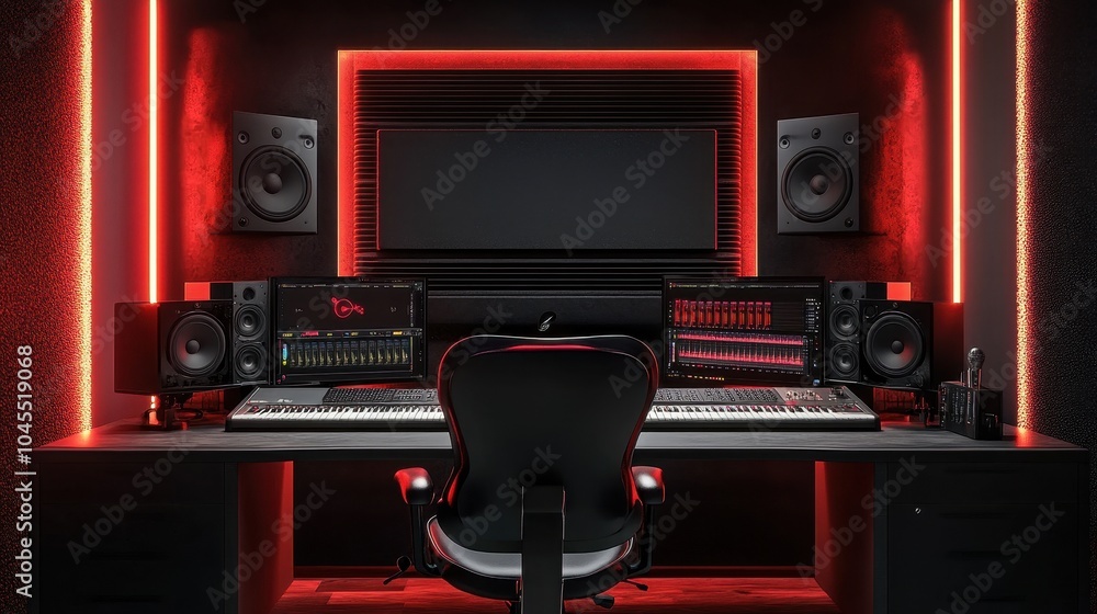 A sleek podcast studio mockup designed with advanced sound equipment and vibrant LED lighting A sleek podcast studio mockup designed with advanced sound equipment and vibrant LED lighting