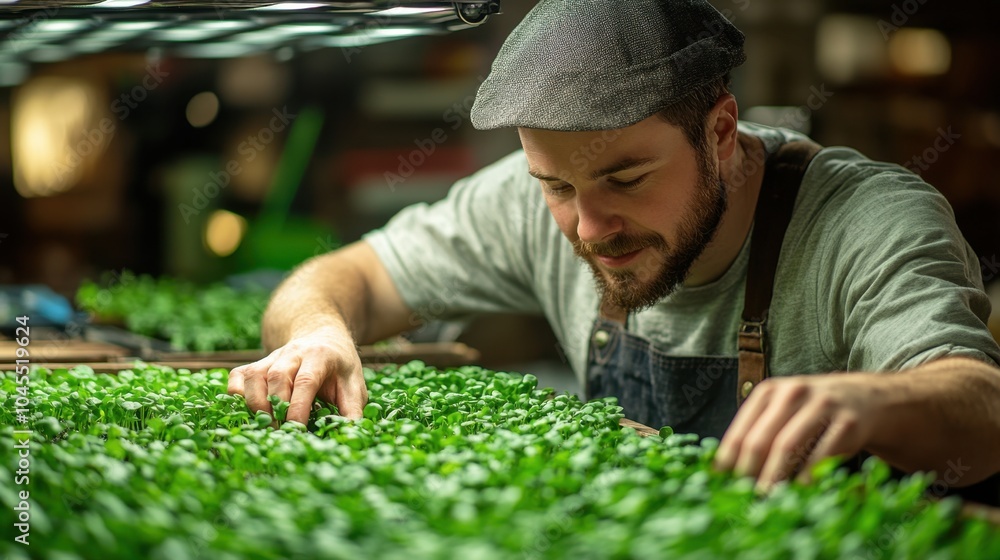 A dedicated gardener nurtures seedlings in a cozy indoor environment filled with lush greenery