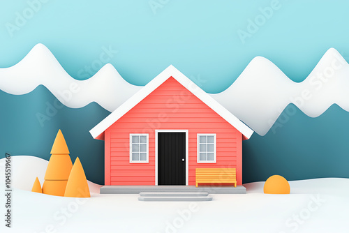 Cozy house in snowy mountains, welcoming shelter, 3D illustration photo