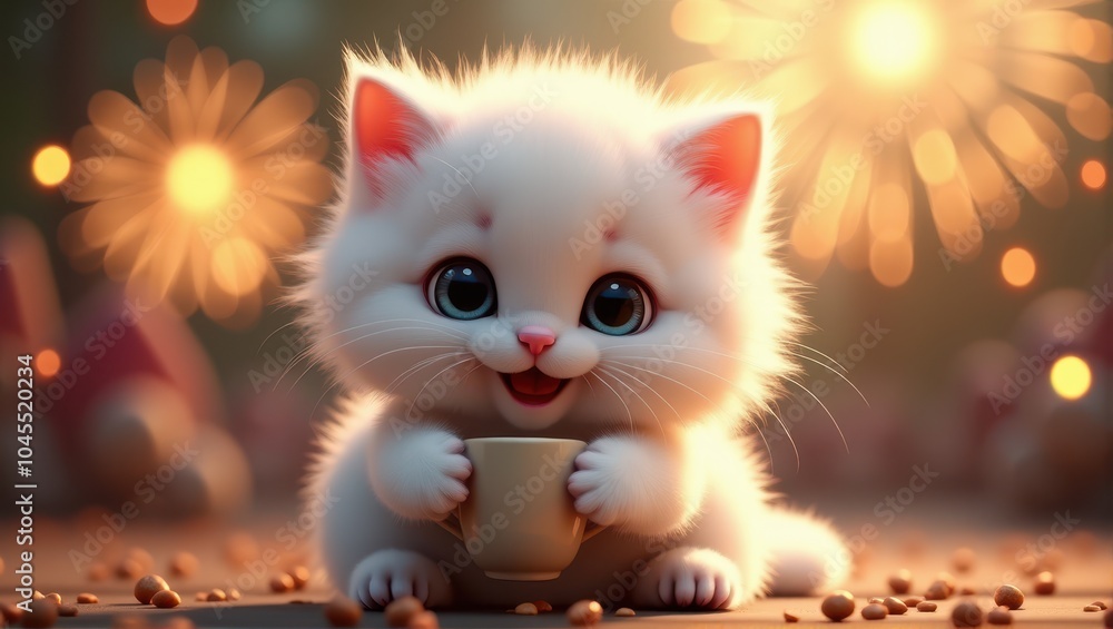 Adorable fluffy kitten holding a small cup, surrounded by festive bokeh lights, exuding warmth and charm. Adorable fluffy kitten holding a small cup, surrounded by festive bokeh lights, exuding warmth and charm.