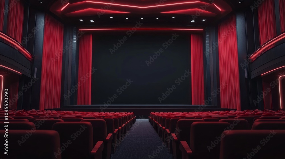 Fototapeta premium A movie theater with red curtains and a black screen