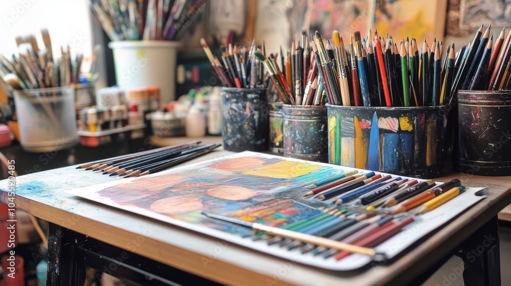 A close up shot of an artist's workspace with a drawing in progress on a table surrounded by various art supplies. A close up shot of an artist's workspace with a drawing in progress on a table surrounded by various art supplies.