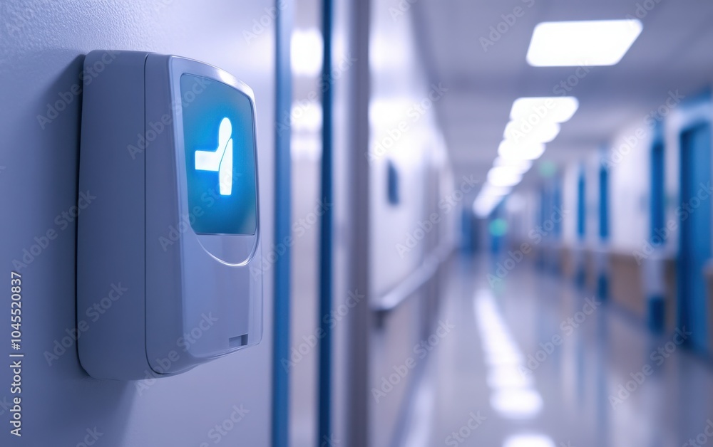A wall-mounted hand sanitizer dispenser in a hospital hallway, emphasizing cleanliness and hygiene in the medical space A wall-mounted hand sanitizer dispenser in a hospital hallway, emphasizing cleanliness and hygiene in the medical space
