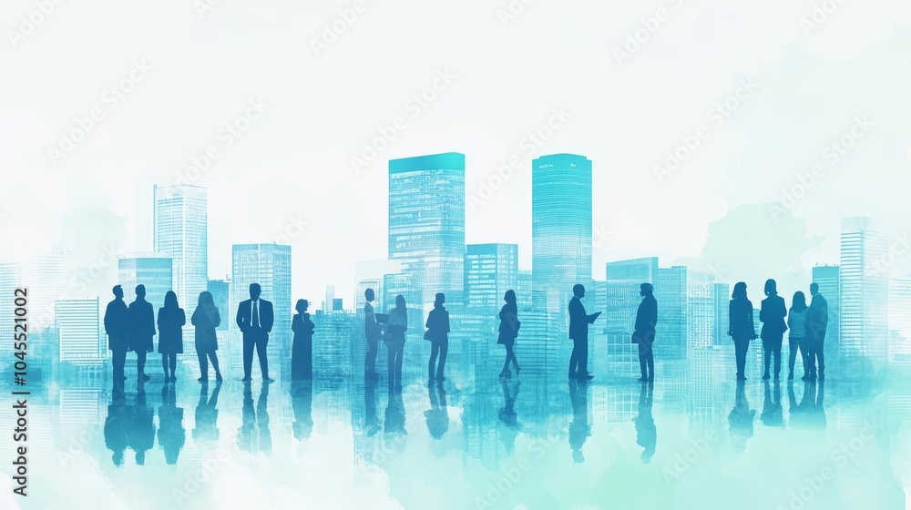 Diverse group of professionals silhouetted against a modern city skyline. Diverse group of professionals silhouetted against a modern city skyline.