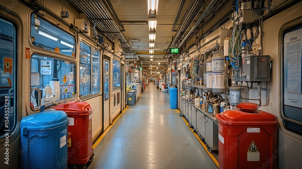 A long, narrow corridor with a row of storage containers and equipment on the right. The left side of the corridor is bordered by a row of doors. A long, narrow corridor with a row of storage containers and equipment on the right. The left side of the corridor is bordered by a row of doors.