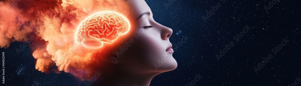 Obraz premium The image depicts a woman with a fiery brain visualization, symbolizing creativity and intense thought against a dark, starry background.