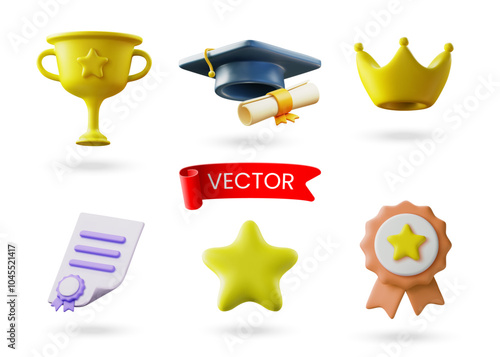 Set of 3d vector award icons. Crown, medal, prize, graduation cap, certificate, diploma, star, ribbon.