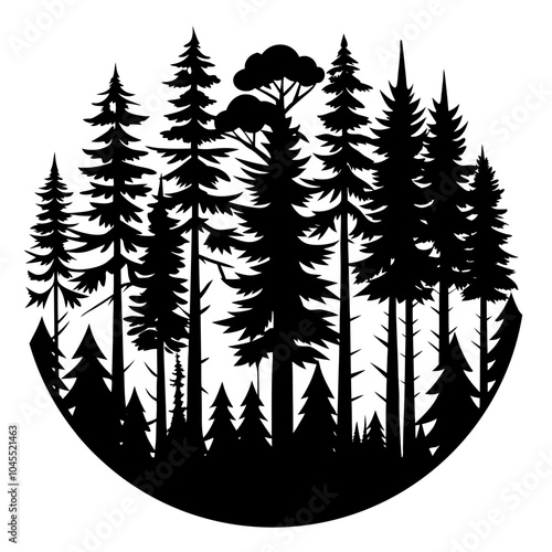 Round composition featuring silhouettes of evergreen trees