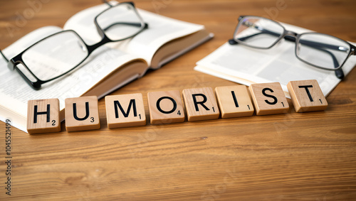 humorist word or concept represented by wooden letter tiles on a wooden table with glasses and a book