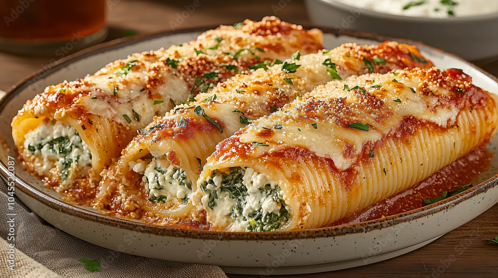 Delicious spinach and ricotta stuffed shells topped with marinara sauce Delicious spinach and ricotta stuffed shells topped with marinara sauce