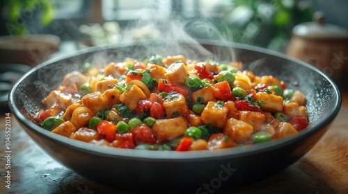 A steaming bowl of colorful stir-fried tofu and vegetables.