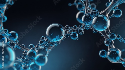Scientific and cosmetology background with abstract molecular structure. Blue light transparent liquid bubbles