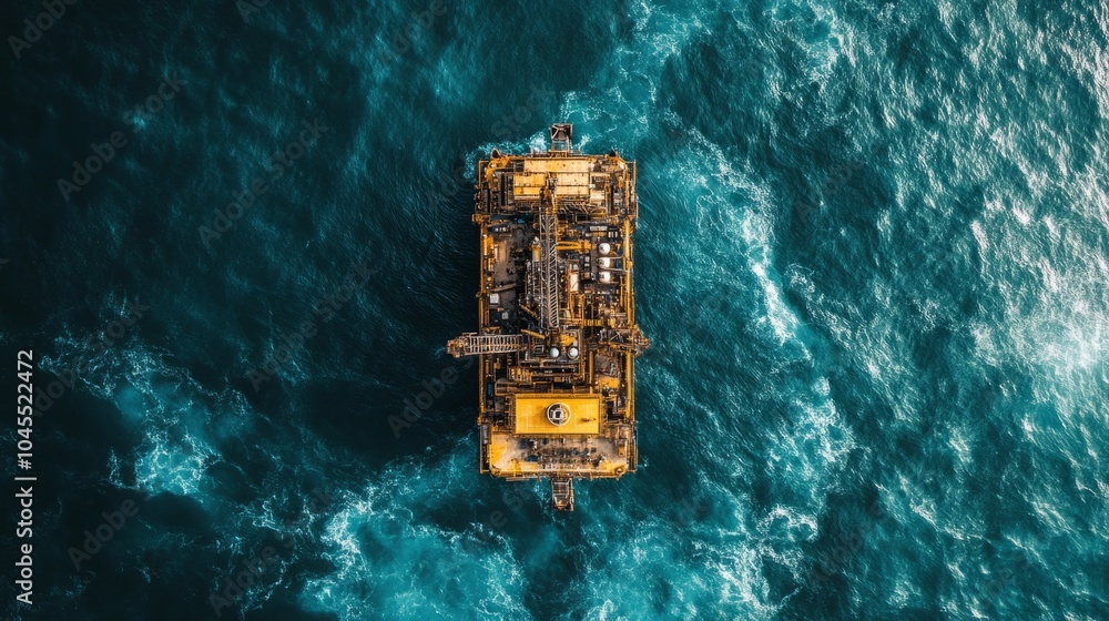 Aerial view of off-shore oil and gas rig construction platform on the sea. Industry seeking energy and fuel to extract petroleum and natural gas in the ocean below the seabed Aerial view of off-shore oil and gas rig construction platform on the sea. Industry seeking energy and fuel to extract petroleum and natural gas in the ocean below the seabed