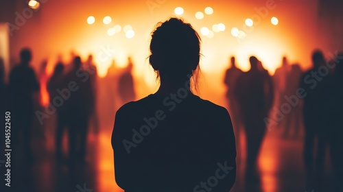 Silhouette of a woman against a vibrant, glowing crowd at an evening event.