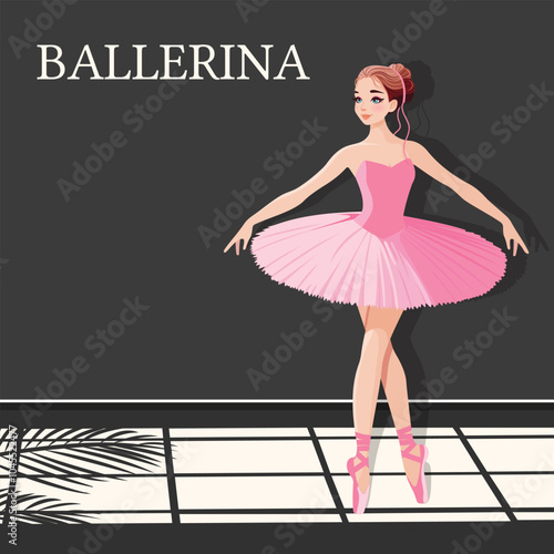 Pretty ballerina in pink dress dancing in dark room with shadow of big window. Poster, Banner, Flyer, Greeting Card. Vector illustration in flat cartoon style