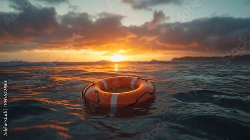 An orange lifebuoy floats in the ocean at sunset photo