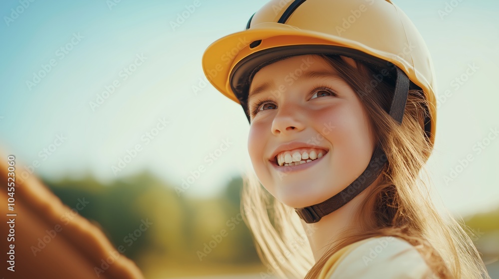 A young girl wearing a yellow riding helmet smiles brightly while horseback riding in a sunny outdoor setting during daylight hours. A young girl wearing a yellow riding helmet smiles brightly while horseback riding in a sunny outdoor setting during daylight hours.
