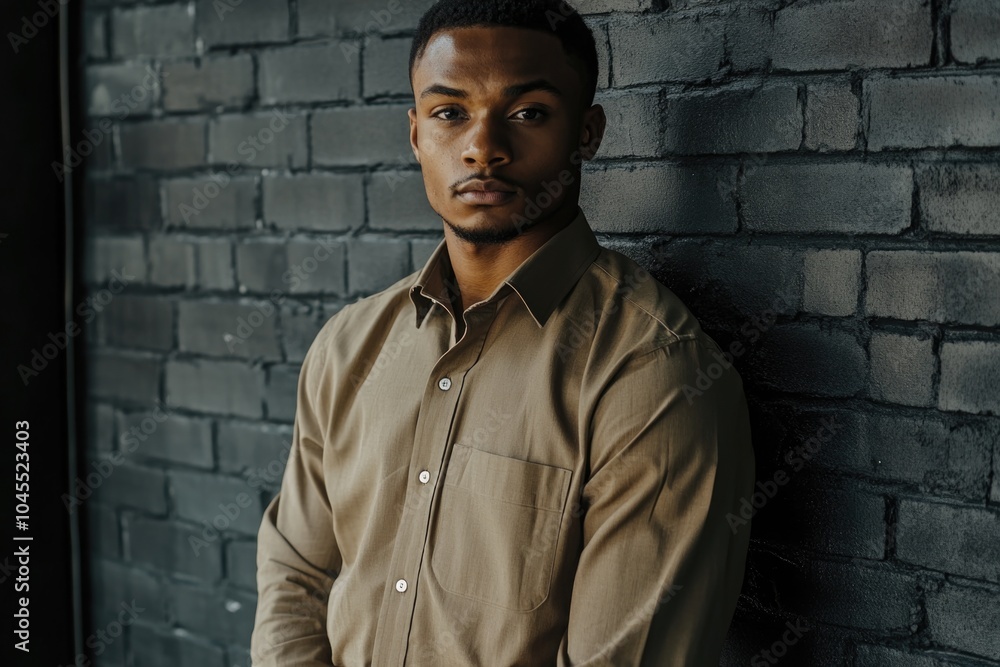 A young man leaning against a brick wall in a casual pose A young man leaning against a brick wall in a casual pose