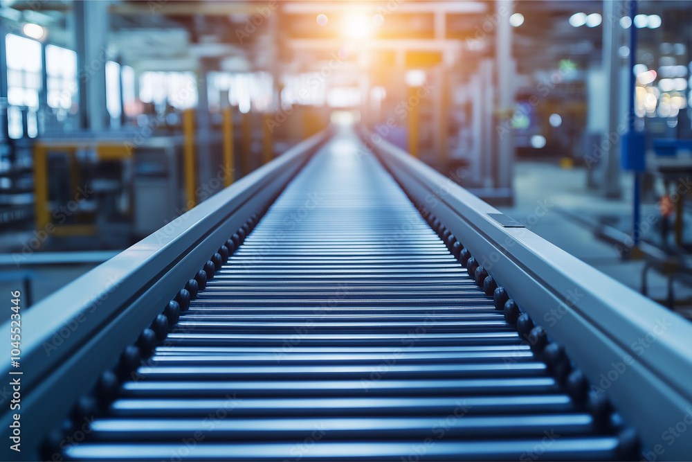 Fototapeta premium Automated roller conveyor of automatic production line of manufacturing process transportation. 