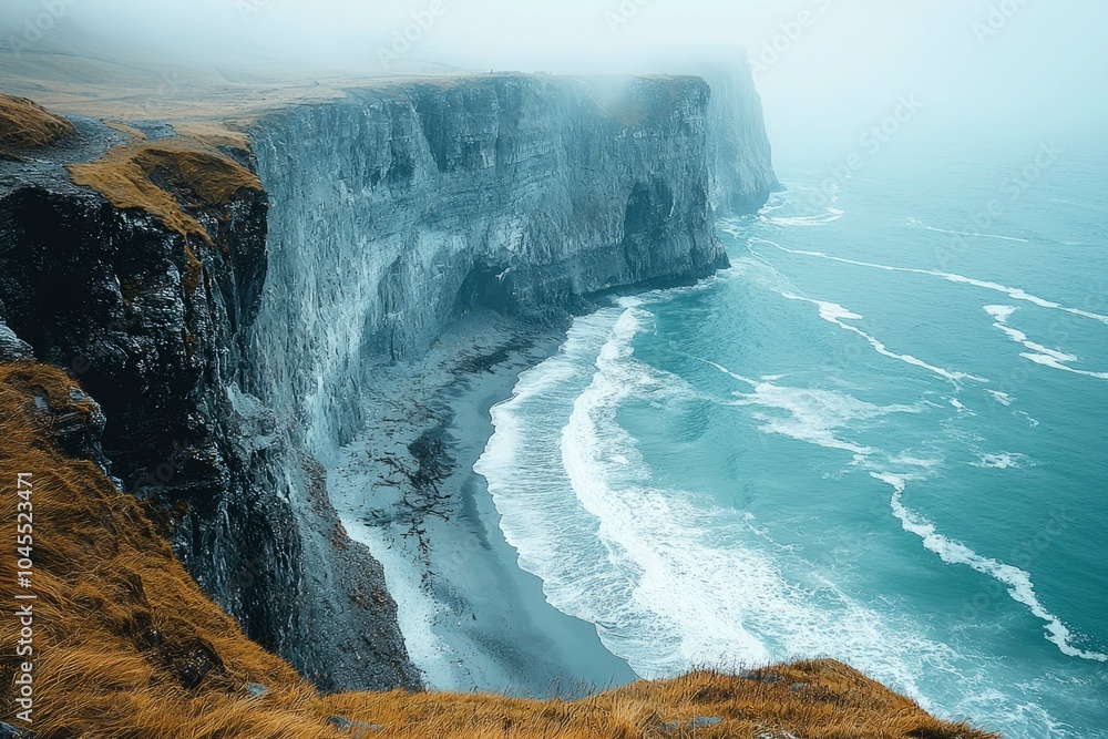 Majestic Coastal Cliffs and Foamy Waves Under a Foggy Sky Majestic Coastal Cliffs and Foamy Waves Under a Foggy Sky