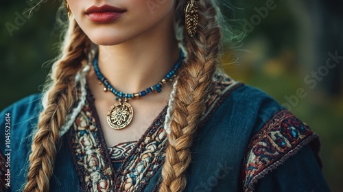 A Viking woman embodies strength and beauty, dressed in traditional clothing and exquisite jewelry photo