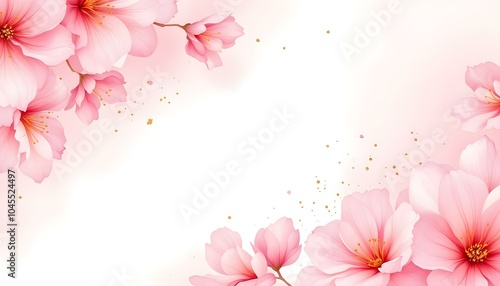 Floral art background with pink flowers in transparent watercolor style with golden line elements. Botanical banner with watercolor paints with transparency effect for design, decoration, poster photo