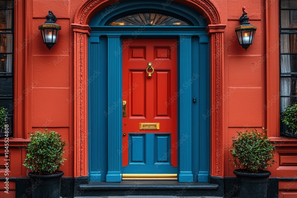 Red Door with Blue Trim and Gold Accents on an Orange Brick Building Red Door with Blue Trim and Gold Accents on an Orange Brick Building