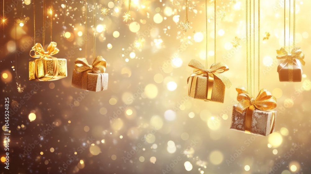 Hanging presents with golden bows on a festive background of glowing lights Hanging presents with golden bows on a festive background of glowing lights